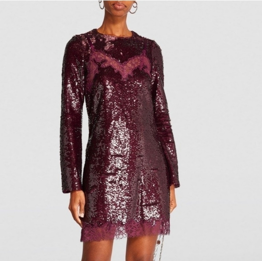 644$ SIMKHAI MAKO SEQUINED AND LACE MINI Dress in Deep Purple
